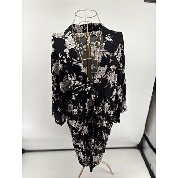 Spiritual Gangster Womens Black Taupe Floral Tie Waist Maya Kimono Jacket OS - Picture 1 of 10